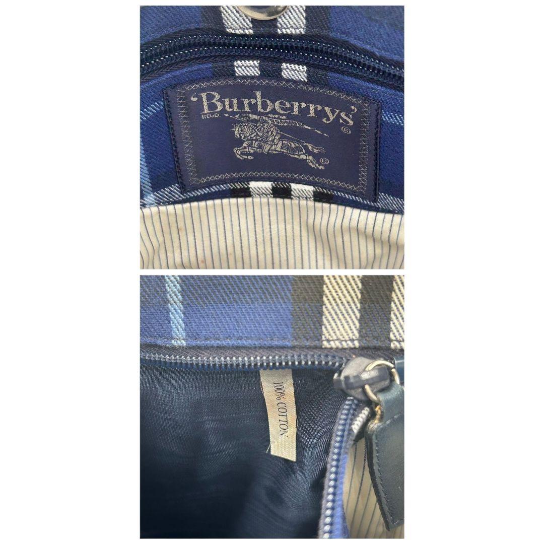 バーバリー チェック柄 キャンバス ショルダーバッグ ブルー ネイビー ホースロゴ ワンショルダー トートバッグ ハンドバッグ 総柄