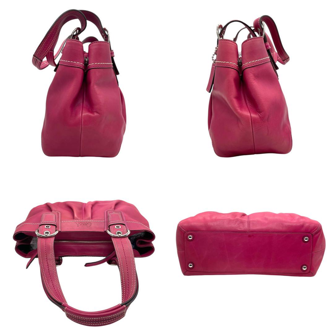 美品 コーチ ソーホー トートバッグ ピンク レザー F13732 ワンショルダー 肩掛け可 ハンドバッグ シルバー金具 チャーム ロゴ刻印 レディース バッグ COACH S94