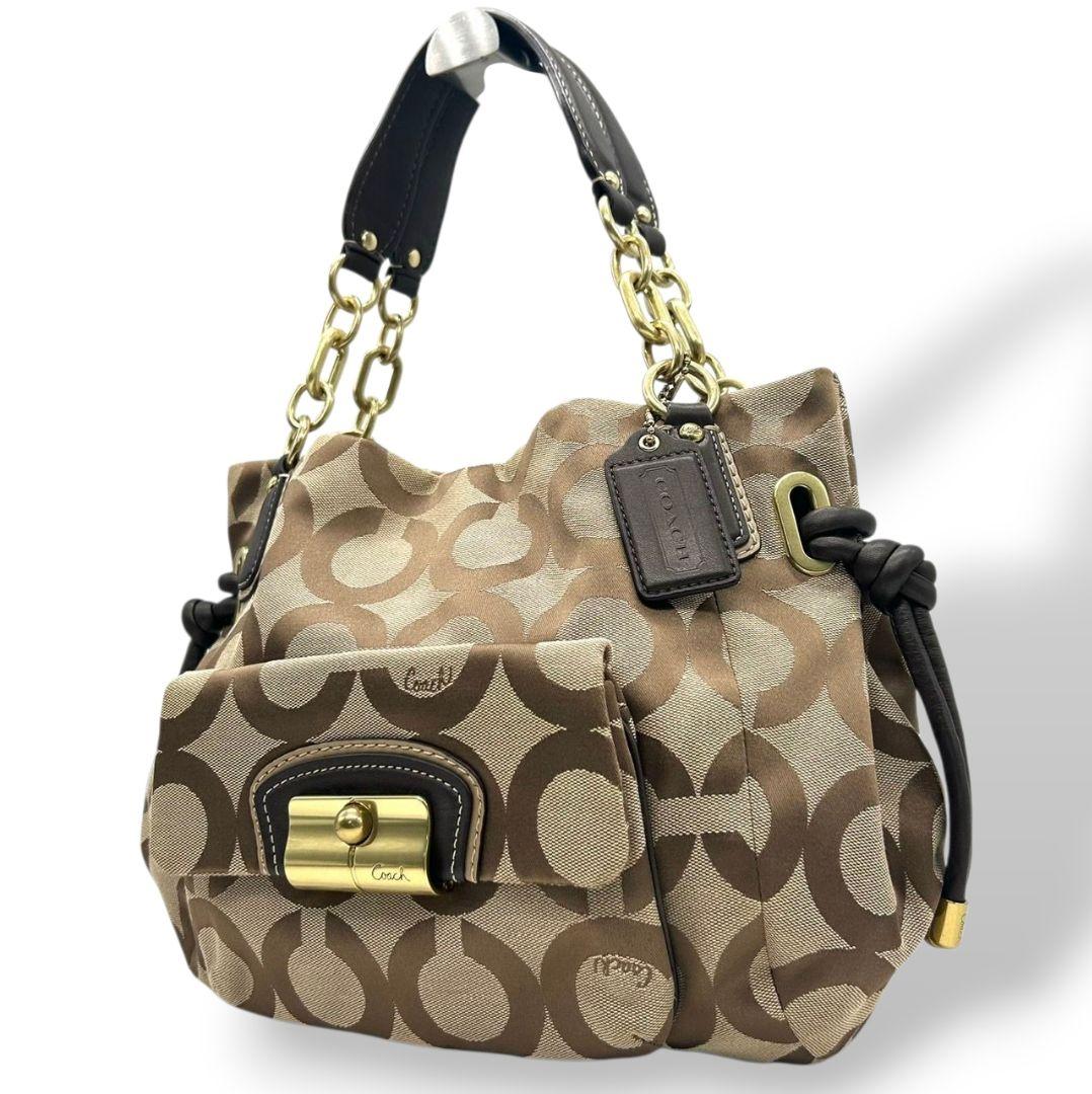 【新品同様】 コーチ COACH トートバッグ ショルダーバッグ 2way ブラウン 茶 オプアート Y2K 002 vintage キャンバス レザー 本革 A4収納可 ロゴタグ シルバー金具 J1082-F05364 E11