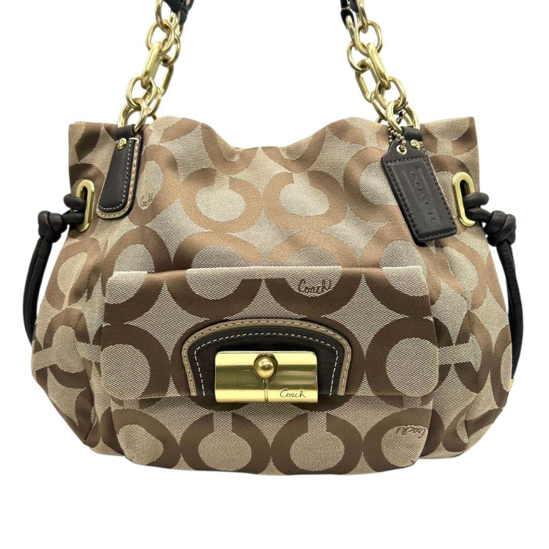 【新品同様】 コーチ COACH トートバッグ ショルダーバッグ 2way ブラウン 茶 オプアート Y2K 002 vintage キャンバス レザー 本革 A4収納可 ロゴタグ シルバー金具 J1082-F05364 E11