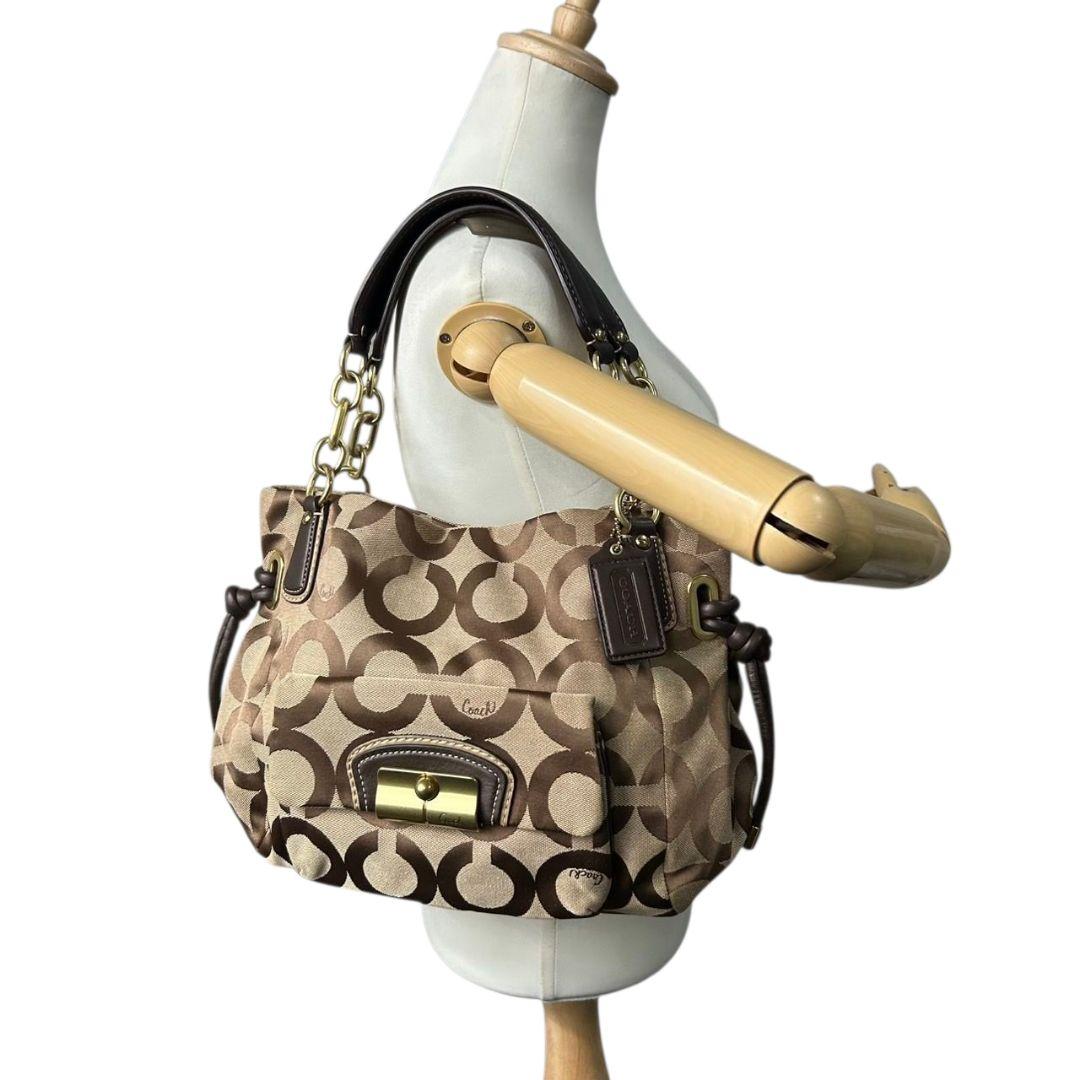 【新品同様】 コーチ COACH トートバッグ ショルダーバッグ 2way ブラウン 茶 オプアート Y2K 002 vintage キャンバス レザー 本革 A4収納可 ロゴタグ シルバー金具 J1082-F05364 E11