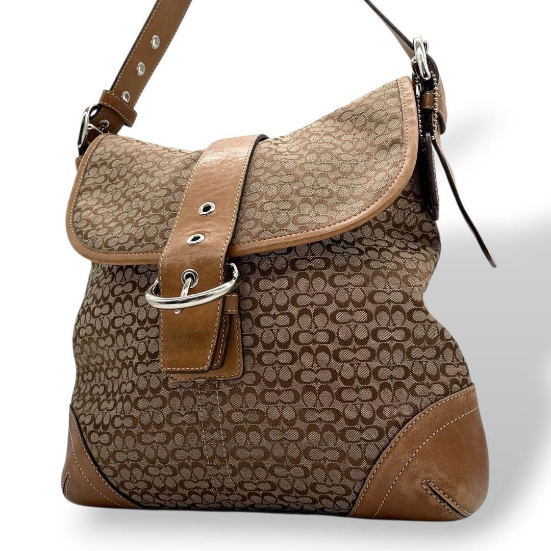 コーチ COACH ショルダーバッグ ブラウン 茶 ミニシグネチャー フラップ ホーボー 斜め掛け可 キャンバス レザー 本革 シルバー金具 ロゴタグ 6376
