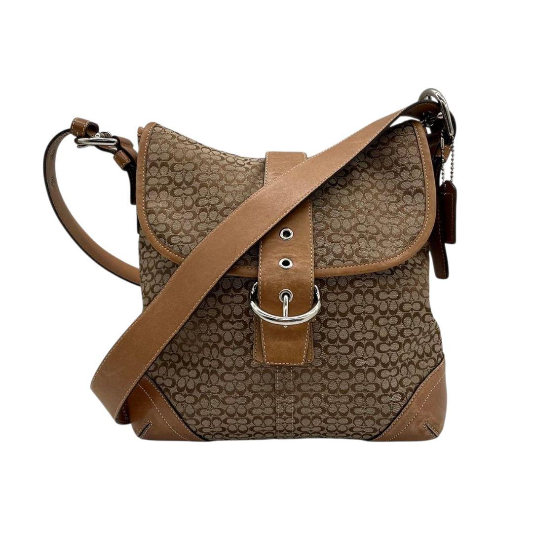 コーチ COACH ショルダーバッグ ブラウン 茶 ミニシグネチャー フラップ ホーボー 斜め掛け可 キャンバス レザー 本革 シルバー金具 ロゴタグ 6376