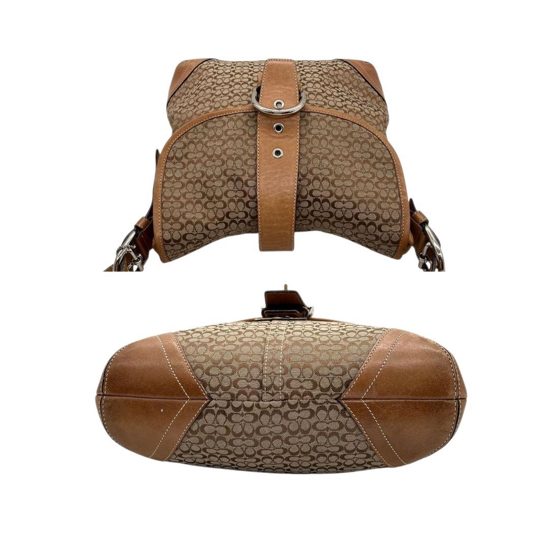 コーチ COACH ショルダーバッグ ブラウン 茶 ミニシグネチャー フラップ ホーボー 斜め掛け可 キャンバス レザー 本革 シルバー金具 ロゴタグ 6376