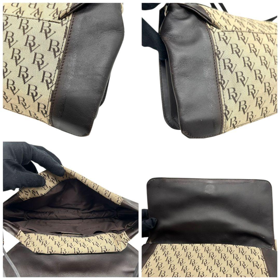 ボッテガヴェネタ BOTTEGA VENETA ショルダーバッグ モノグラム キャンバス レザー ブラウン 茶 本革 フラップ 自立可 カード付き J