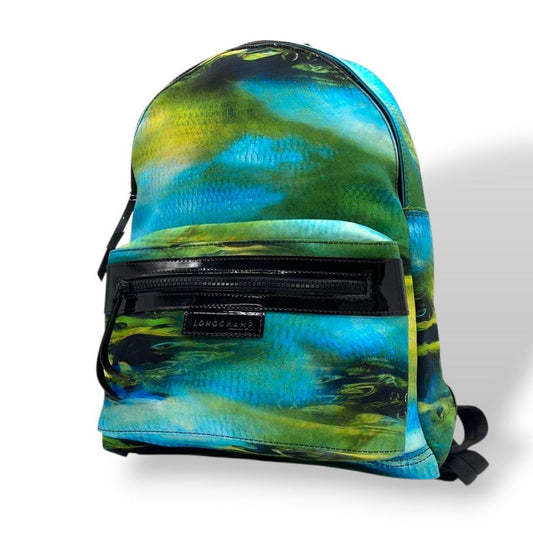 美品　ロンシャン　バックパック　緑　青　総柄　ナイロン　u15　ル プリアージュ　パテント　グリーン　ブルー　イエロー　ネオ ファンテジー アーバンネイチャー　LONGCHAMP　本物保証　鑑定済