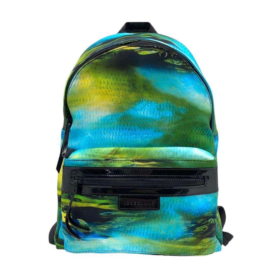 美品　ロンシャン　バックパック　緑　青　総柄　ナイロン　u15　ル プリアージュ　パテント　グリーン　ブルー　イエロー　ネオ ファンテジー アーバンネイチャー　LONGCHAMP　本物保証　鑑定済