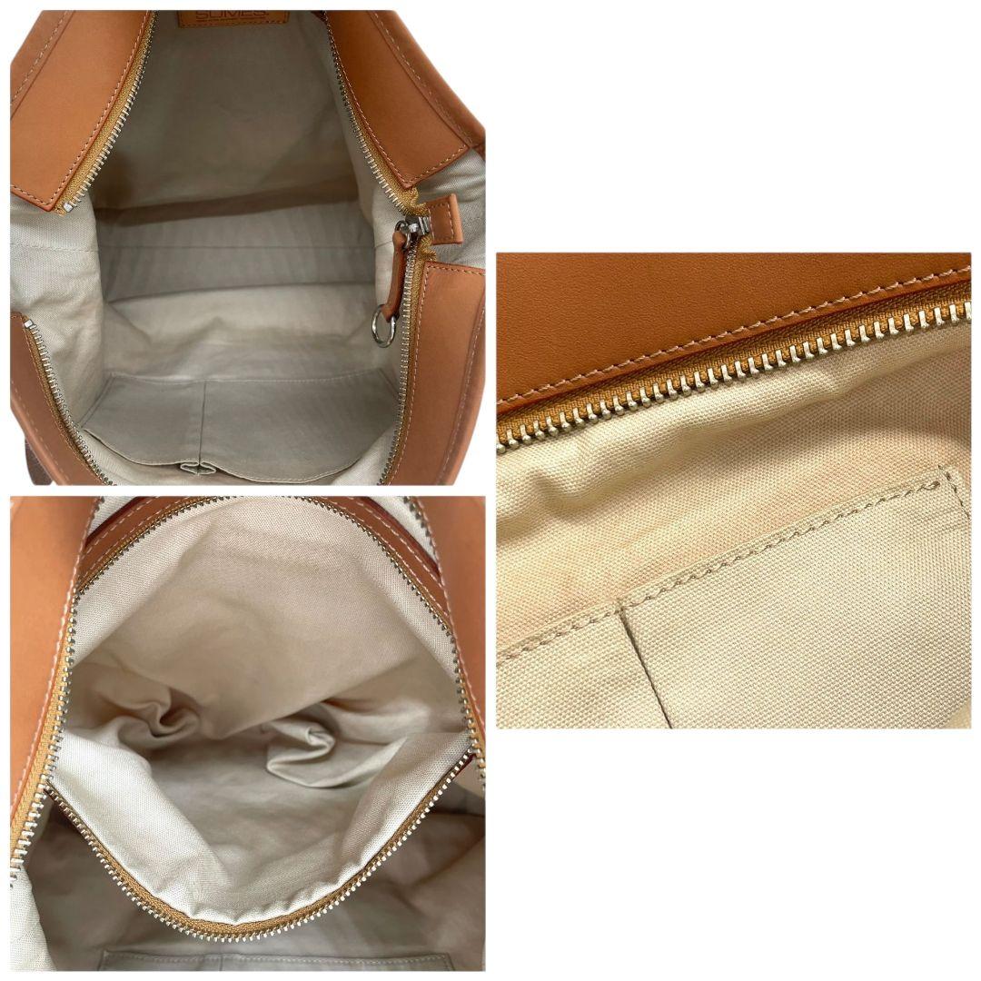 美品 ソメスサドル SOMES ショルダーバッグ 斜め掛け可 ベージュ ブラウン デカロゴ A4収納 キャンバス レザー 本革 チャーム付き s55 レディース
