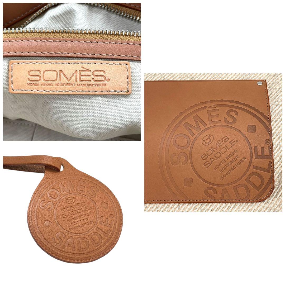 美品 ソメスサドル SOMES ショルダーバッグ 斜め掛け可 ベージュ ブラウン デカロゴ A4収納 キャンバス レザー 本革 チャーム付き s55 レディース
