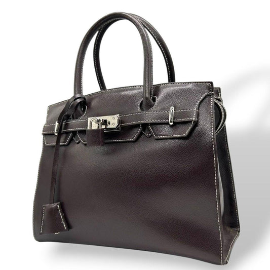 濱野 HAMANO ハンドバッグ 茶 ブラウン レザー 本革 カデナ 鍵付き 自立可 トートバッグ 南京錠 ロゴプレート シルバー金具 チャーム おしゃれ I