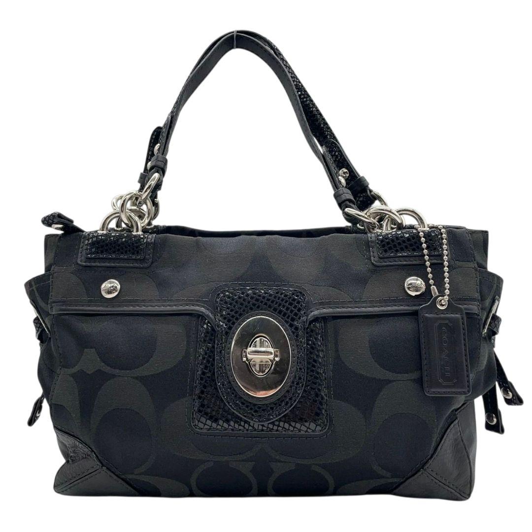 コーチ シグネチャー ワンショルダー ハンドバッグ ブラック レザー キャンバス トートバッグ ターンロック 本革 シルバー金具 ロゴタグ 肩掛け可