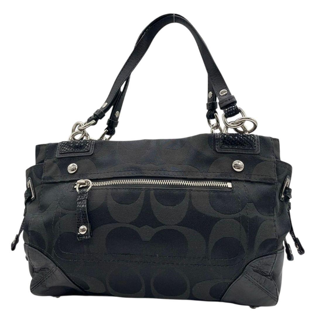 コーチ シグネチャー ワンショルダー ハンドバッグ ブラック レザー キャンバス トートバッグ ターンロック 本革 シルバー金具 ロゴタグ 肩掛け可