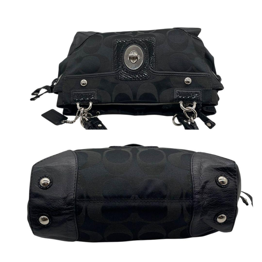 コーチ シグネチャー ワンショルダー ハンドバッグ ブラック レザー キャンバス トートバッグ ターンロック 本革 シルバー金具 ロゴタグ 肩掛け可