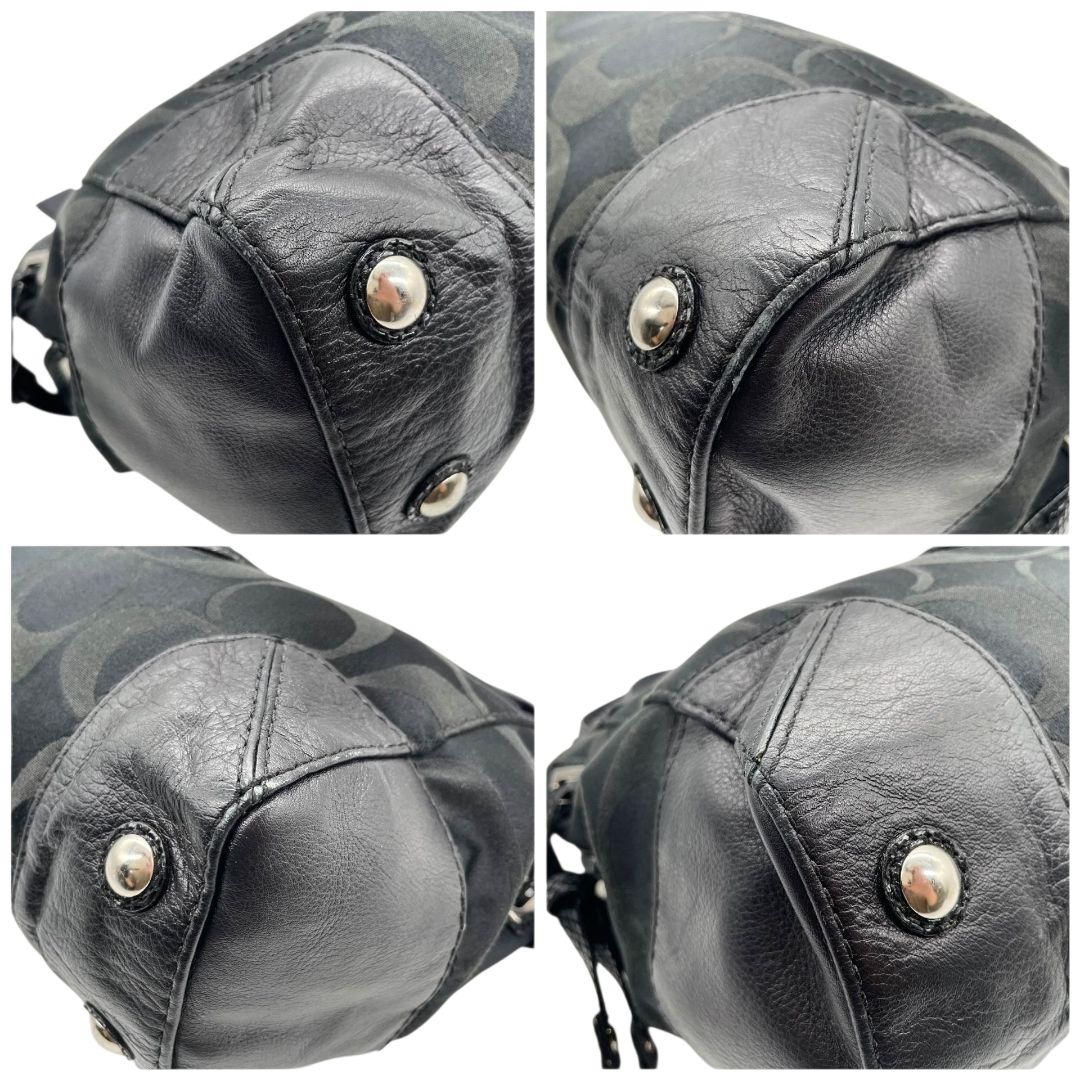 コーチ シグネチャー ワンショルダー ハンドバッグ ブラック レザー キャンバス トートバッグ ターンロック 本革 シルバー金具 ロゴタグ 肩掛け可