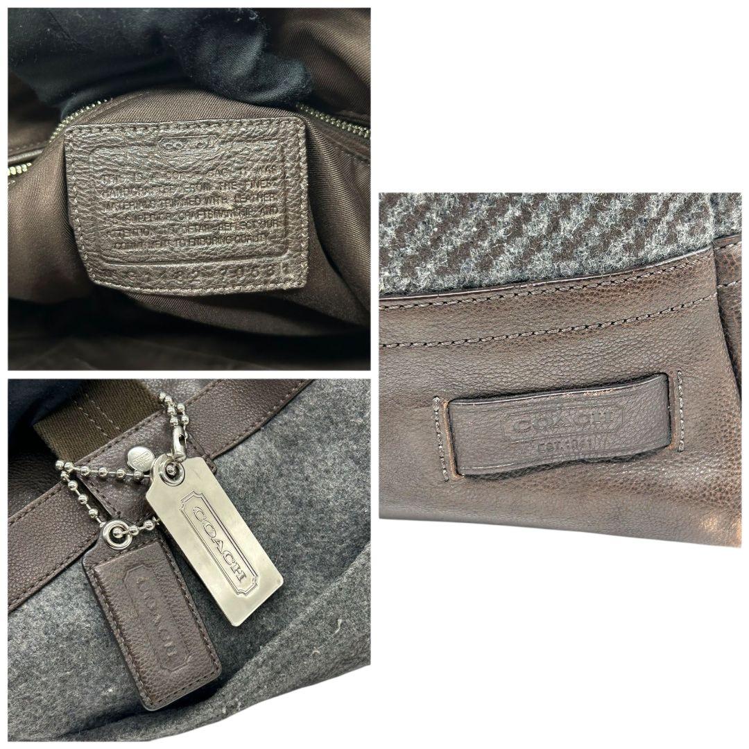 コーチ トートバッグ グレー ヘリンボーン 2way A4収納可 斜め掛け可 ウール レザー 本革 ハンドバッグ ショルダーバッグ 自立可 チャーム付き F70531 ブラウン COACH T7