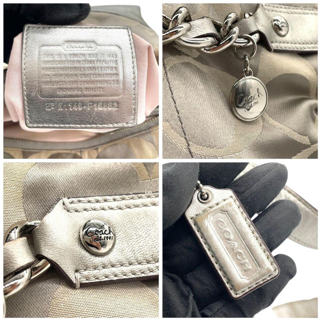 コーチ ショルダーバッグ シルバー グレー シグネチャー チェーン 斜め掛け可 キャンバス レザー 本革 ロゴタグ ロゴプレート チャーム付き COACH F18862 おしゃれ 通勤 通学