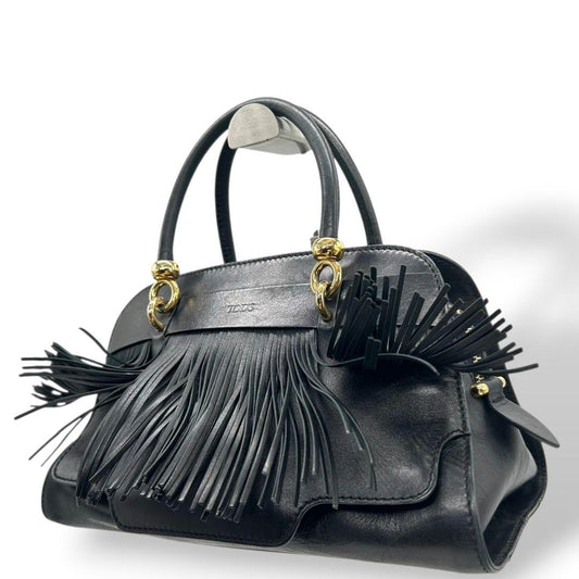 トッズ フリンジ レザー ハンドバッグ ブラック ゴールド金具 ブランドロゴ トートバッグ 自立可