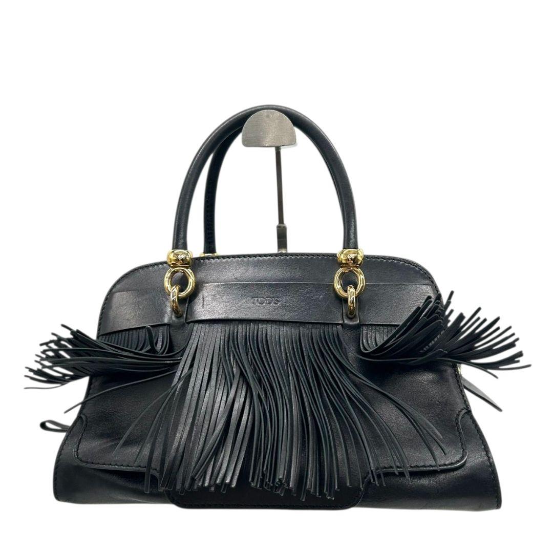 トッズ フリンジ レザー ハンドバッグ ブラック ゴールド金具 ブランドロゴ トートバッグ 自立可