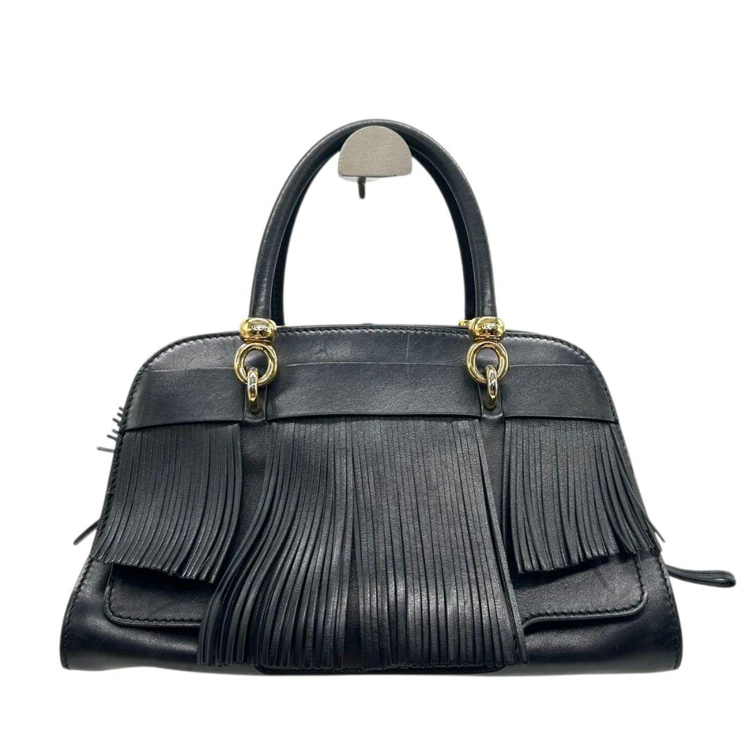 トッズ フリンジ レザー ハンドバッグ ブラック ゴールド金具 ブランドロゴ トートバッグ 自立可