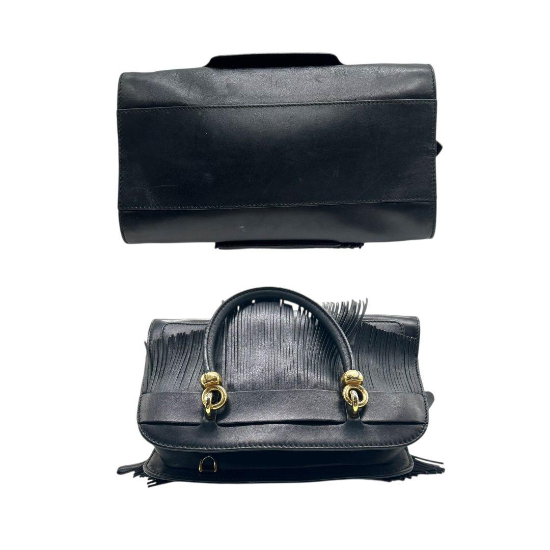 トッズ フリンジ レザー ハンドバッグ ブラック ゴールド金具 ブランドロゴ トートバッグ 自立可