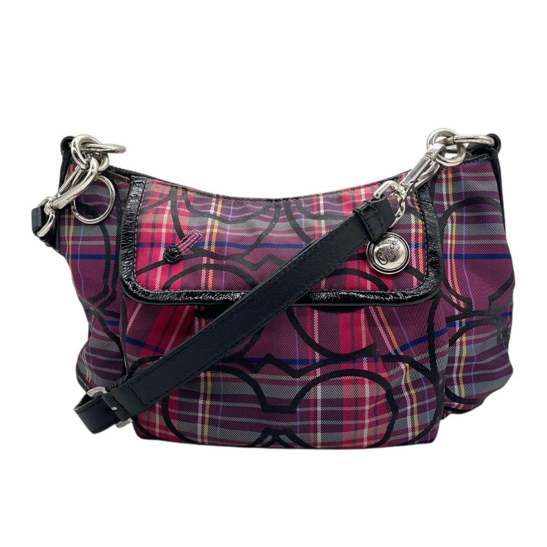 美品 コーチ ショルダーバッグ ピンク チェック柄 シグネチャー 斜め掛け可 u14 ナイロン レザー 本革 ロゴボタン シルバー金具 パープル ブラック COACH 14366