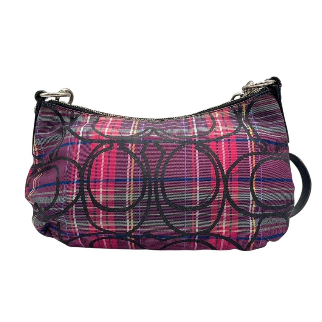 美品 コーチ ショルダーバッグ ピンク チェック柄 シグネチャー 斜め掛け可 u14 ナイロン レザー 本革 ロゴボタン シルバー金具 パープル ブラック COACH 14366