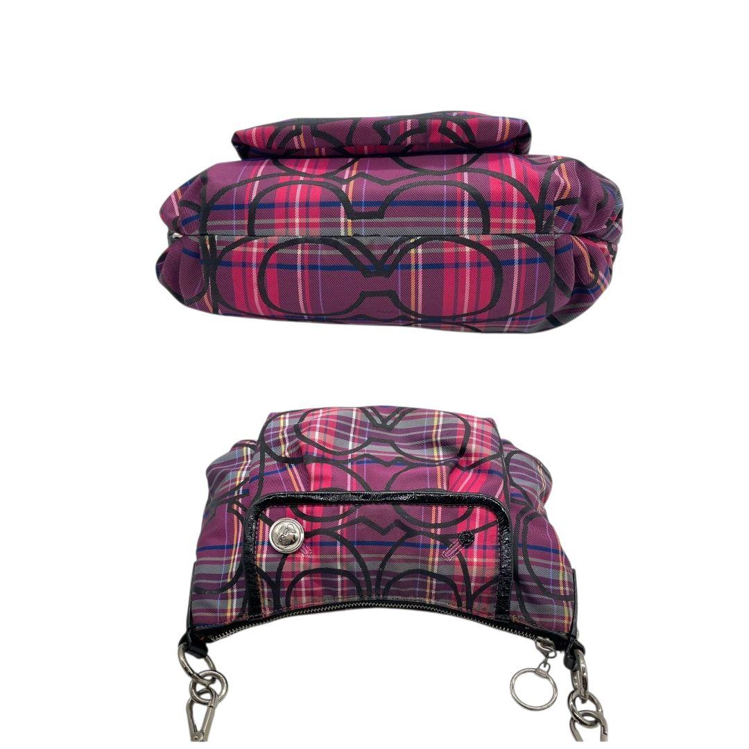 美品 コーチ ショルダーバッグ ピンク チェック柄 シグネチャー 斜め掛け可 u14 ナイロン レザー 本革 ロゴボタン シルバー金具 パープル ブラック COACH 14366