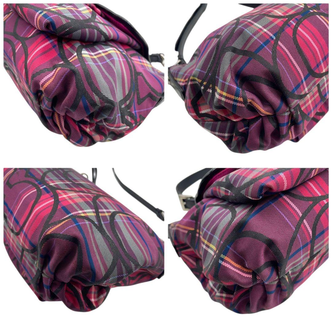 美品 コーチ ショルダーバッグ ピンク チェック柄 シグネチャー 斜め掛け可 u14 ナイロン レザー 本革 ロゴボタン シルバー金具 パープル ブラック COACH 14366