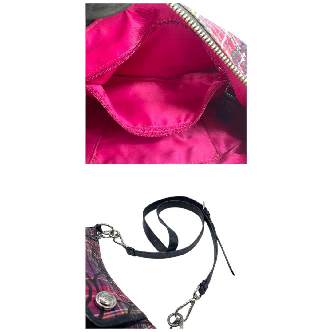 美品 コーチ ショルダーバッグ ピンク チェック柄 シグネチャー 斜め掛け可 u14 ナイロン レザー 本革 ロゴボタン シルバー金具 パープル ブラック COACH 14366