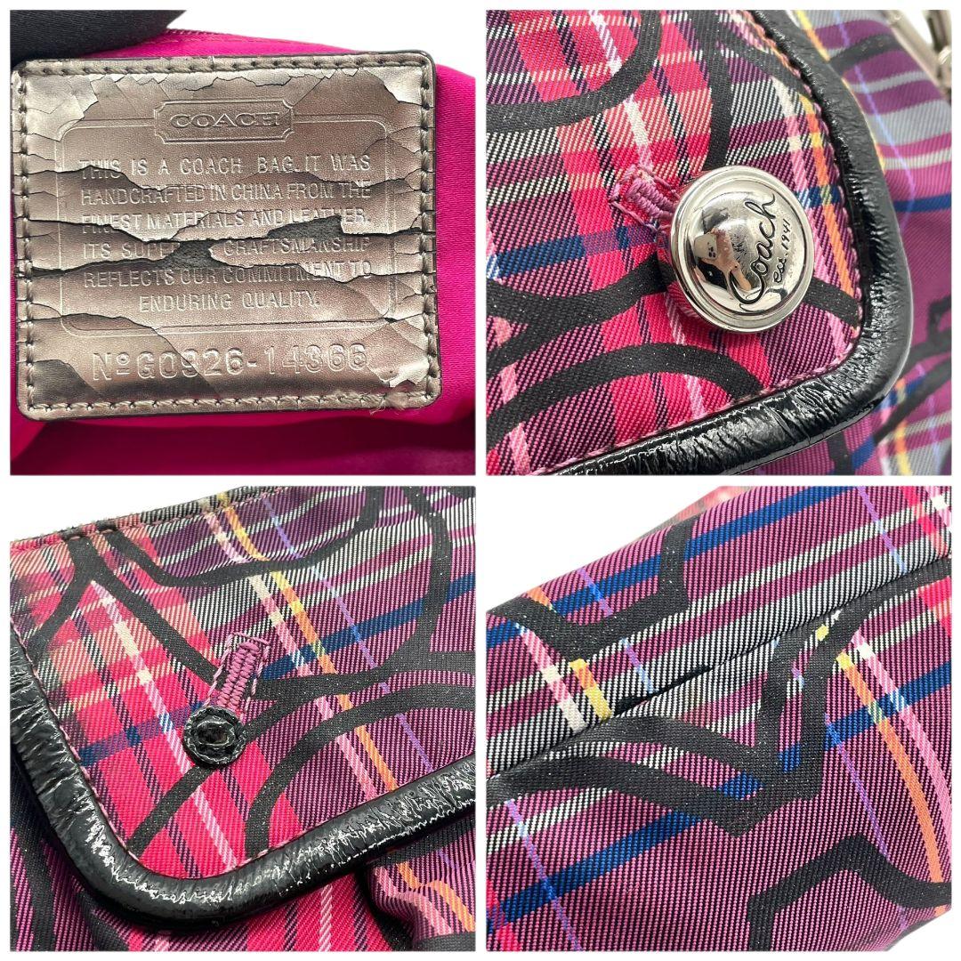 美品 コーチ ショルダーバッグ ピンク チェック柄 シグネチャー 斜め掛け可 u14 ナイロン レザー 本革 ロゴボタン シルバー金具 パープル ブラック COACH 14366