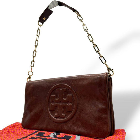 トリーバーチ　ショルダーバッグ　ブラウン　マックグロー　チェーン　デカロゴ　レザー　本革　ハンドバッグ　クラッチバッグ　ワンショルダー　ゴールド金具　フラップ　TORY BURCH　オシャレ　本物保証　鑑定済　スピード発送