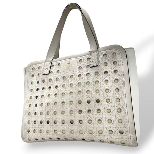 ケイトスペード　トートバッグ　白　ロゴ　パンチング　ワンショルダー　A4収納　T4　ハンドバッグ　kate spade　レザー　本革　肩掛け可　肩かけ可　ゴールド金具　ホワイト