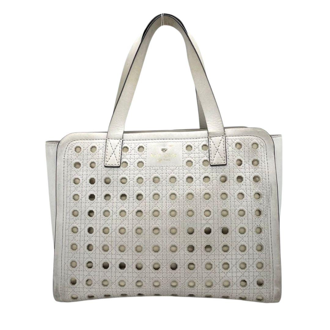 ケイトスペード　トートバッグ　白　ロゴ　パンチング　ワンショルダー　A4収納　T4　ハンドバッグ　kate spade　レザー　本革　肩掛け可　肩かけ可　ゴールド金具　ホワイト