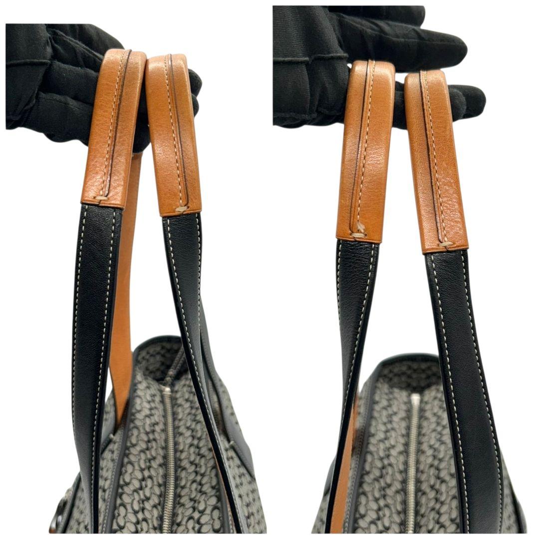 美品 コーチ トートバッグ 黒 ブラック グレー ブラウン 茶 ミニシグネチャー ワンショルダー A4収納 キャンバス レザー 本革 肩掛け可 自立可 シルバー金具 ハンドバッグ COACH 5707 U17