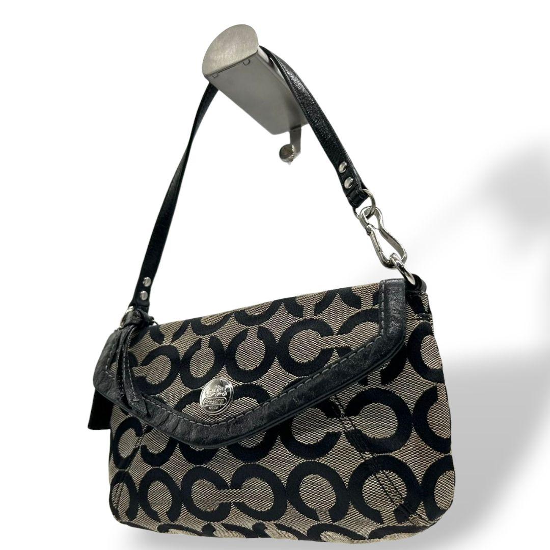 コーチ ハンドバッグ 黒 ブラック シグネチャー フラップ ワンショルダー トートバッグ ブラウン 茶色 キャンバス レザー 本革 COACH ロゴプレート ロゴタグ シルバー金具