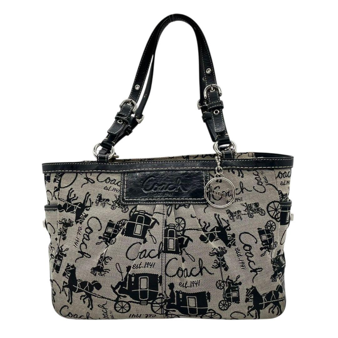 美品　コーチ　トートバッグ　グレー　馬車柄　総柄　ワンショル　キャンバス　T2　ハンドバッグ　COACH　レザー　本革　肩掛け可　肩かけ可　シルバー金具　チャーム付き　F14443