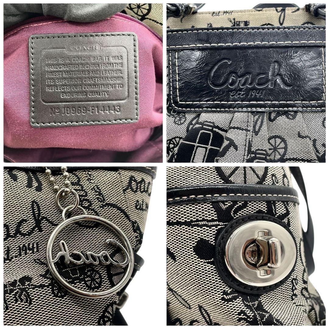 美品　コーチ　トートバッグ　グレー　馬車柄　総柄　ワンショル　キャンバス　T2　ハンドバッグ　COACH　レザー　本革　肩掛け可　肩かけ可　シルバー金具　チャーム付き　F14443