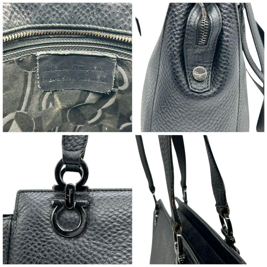 フェラガモ トートバッグ 黒 ガンチーニ ワンショルダー A4収納 レザー T 自立可 肩掛け可 ハンドバッグ ブラック シルバー金具 本革 Ferragamo BA-21/7522