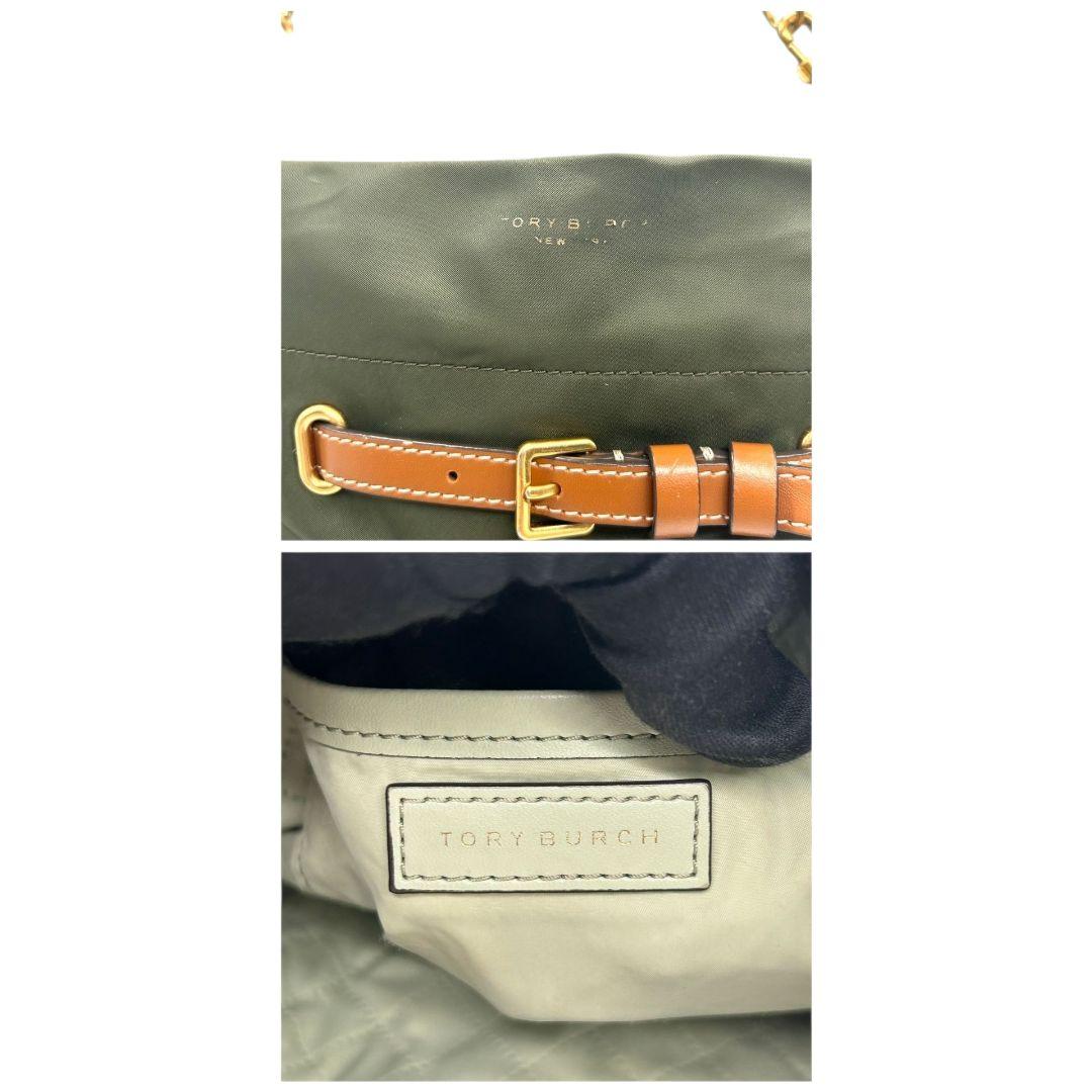 美品 トリーバーチ ショルダーバッグ 緑 ナイロン 2way A4収納可 トートバッグ ハンドバッグ 自立可 斜め掛け可 ゴールド金具 チャーム付き カーキ ブラウン レザー 本革 TORY BURCH