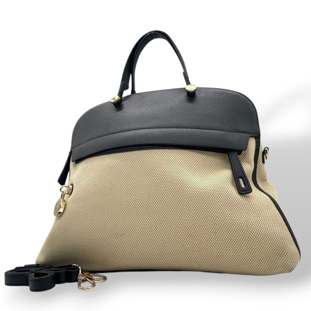 フルラ ハンドバッグ 黒 ブラック ベージュ バイカラー 2way トートバッグ ショルダーバッグ 斜め掛け可 A4収納可 キャンバス レザー 本革 ゴールド金具 ロゴプレート 南京錠 FURLA