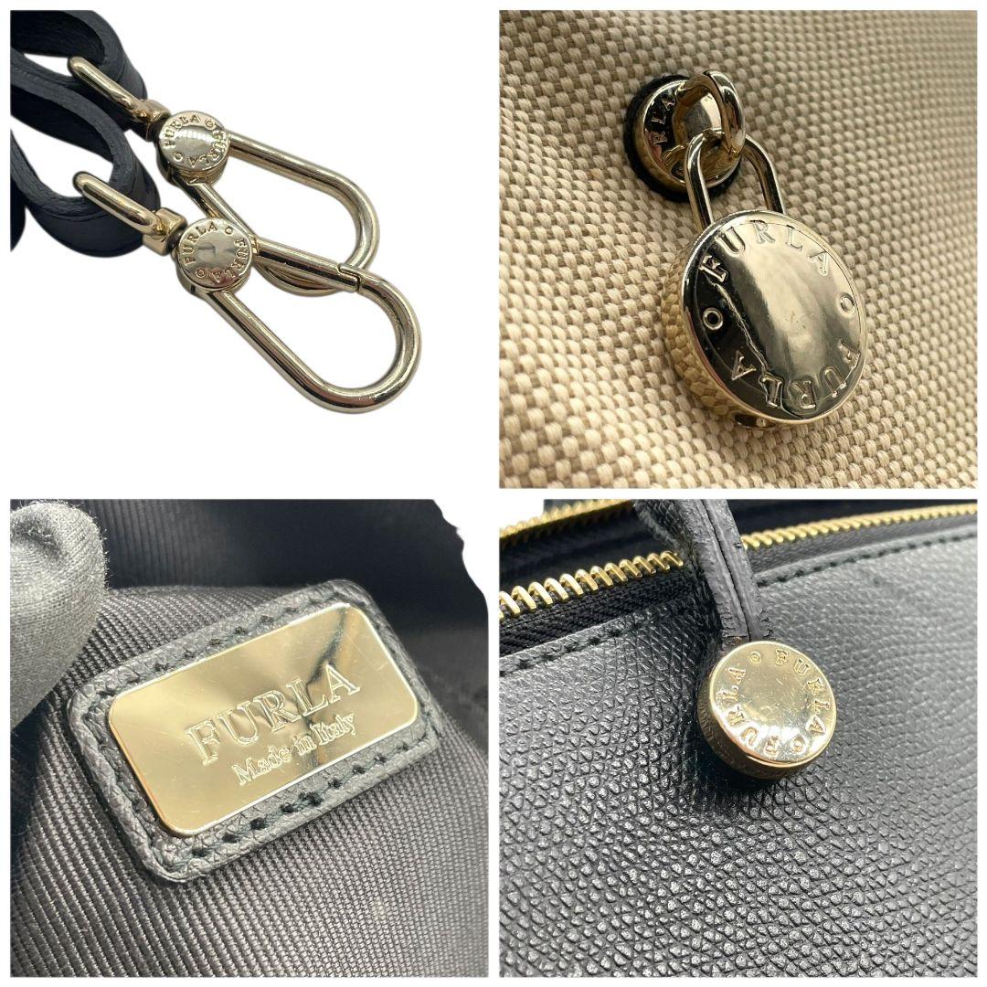 フルラ ハンドバッグ 黒 ブラック ベージュ バイカラー 2way トートバッグ ショルダーバッグ 斜め掛け可 A4収納可 キャンバス レザー 本革 ゴールド金具 ロゴプレート 南京錠 FURLA