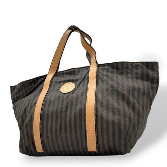 フェンディ ペカン柄 ストライプ トートバッグ ブラウン キャンバス レザー ハンドバッグ 本革 茶