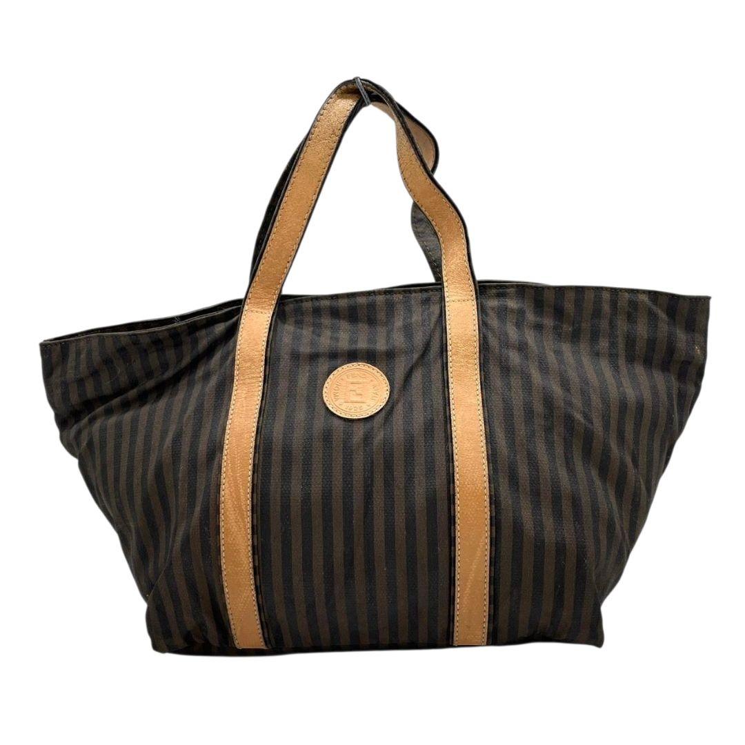 フェンディ ペカン柄 ストライプ トートバッグ ブラウン キャンバス レザー ハンドバッグ 本革 茶