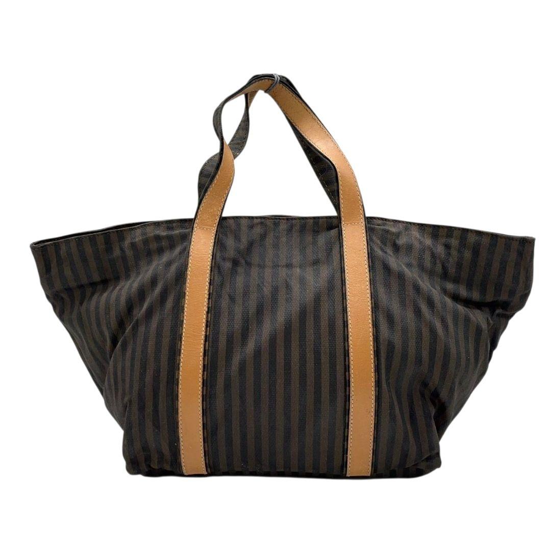 フェンディ ペカン柄 ストライプ トートバッグ ブラウン キャンバス レザー ハンドバッグ 本革 茶