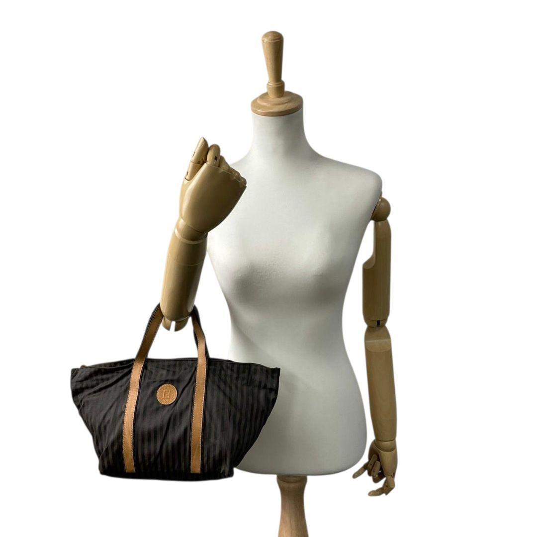 フェンディ ペカン柄 ストライプ トートバッグ ブラウン キャンバス レザー ハンドバッグ 本革 茶