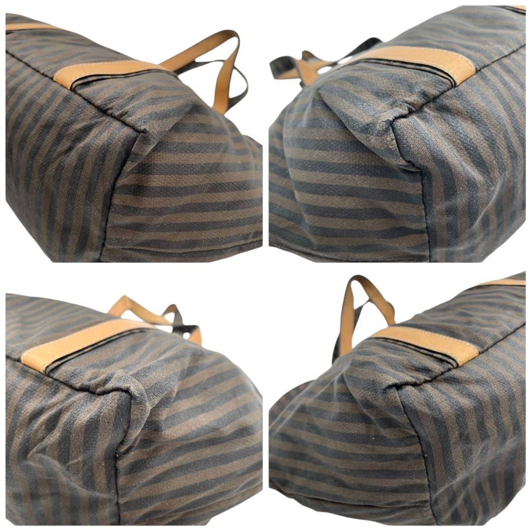 フェンディ ペカン柄 ストライプ トートバッグ ブラウン キャンバス レザー ハンドバッグ 本革 茶