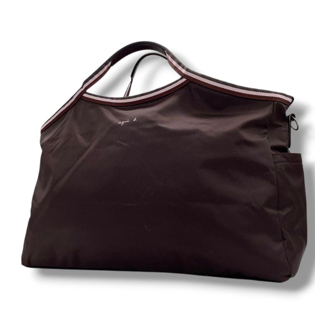 アニエスベー　トートバッグ　茶　ナイロン　ロゴ　大容量　A4収納　X　ハンドバッグ　agnes b.　シルバー金具　ブラウン