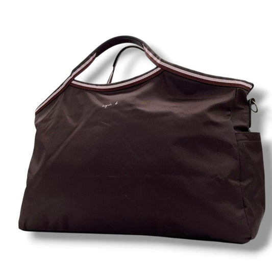 アニエスベー　トートバッグ　茶　ナイロン　ロゴ　大容量　A4収納　X　ハンドバッグ　agnes b.　シルバー金具　ブラウン