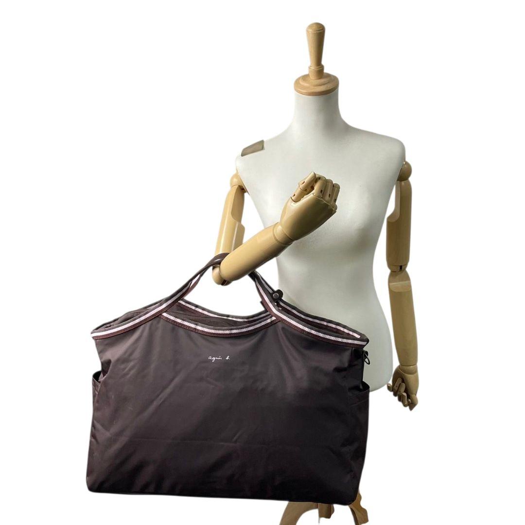 アニエスベー　トートバッグ　茶　ナイロン　ロゴ　大容量　A4収納　X　ハンドバッグ　agnes b.　シルバー金具　ブラウン