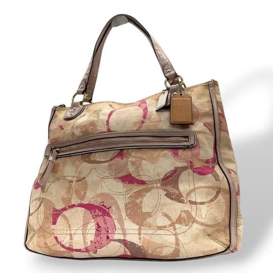 コーチ　トートバッグ　ピンク　シグネチャー　ワンショルダー　キャンバス　s14　ハンドバッグ　肩掛け可　肩かけ可　A4収納　レザー　本革　ベージュ　ゴールド金具　ロゴタグ　23377